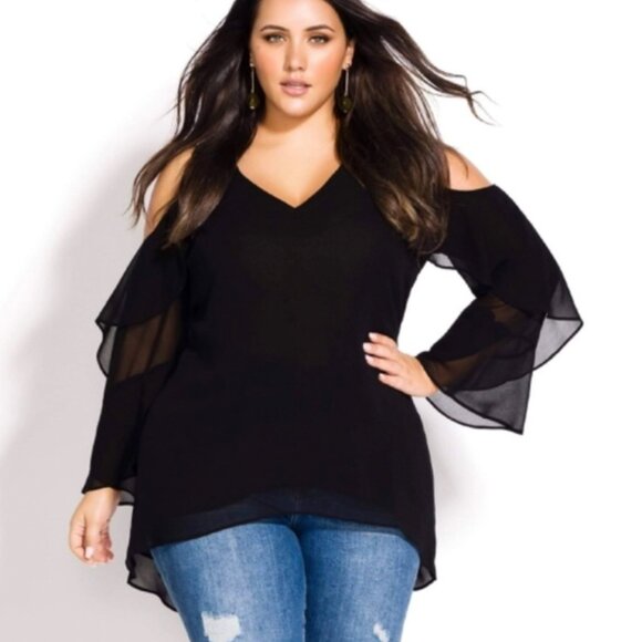CITY CHIC Plus Size Hi-Low Cold Shoulder Long Sleeve Top - Picture 1 of 11